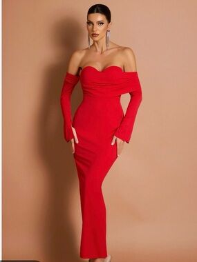 Off-Shoulder Red Bodycon Maxi Dress